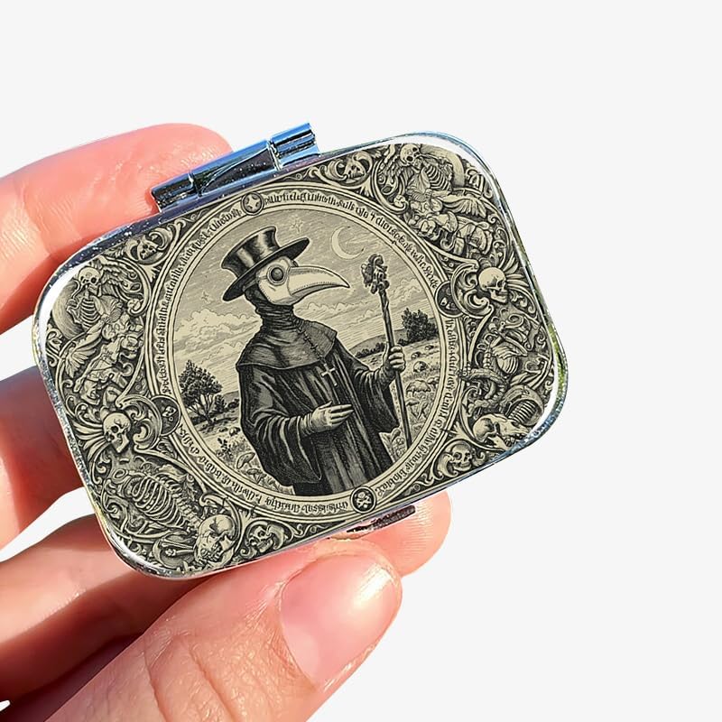 1pc Square Pill Box, Mini 2 Compartment Medicine Pill Organizer, Household Portable Medicine Storage Box, Vitamins Fish Oil for Pockets Purses Travel Unique Gift (Plague Doctor)