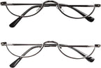 REAVEE 2 Pack Half Lens Reading Glasses for Men Women Spring Hinge Metal Half Frame Readers Slim Half Moon Eyeglasses with Pouch, Black and Gun Grey 1.75