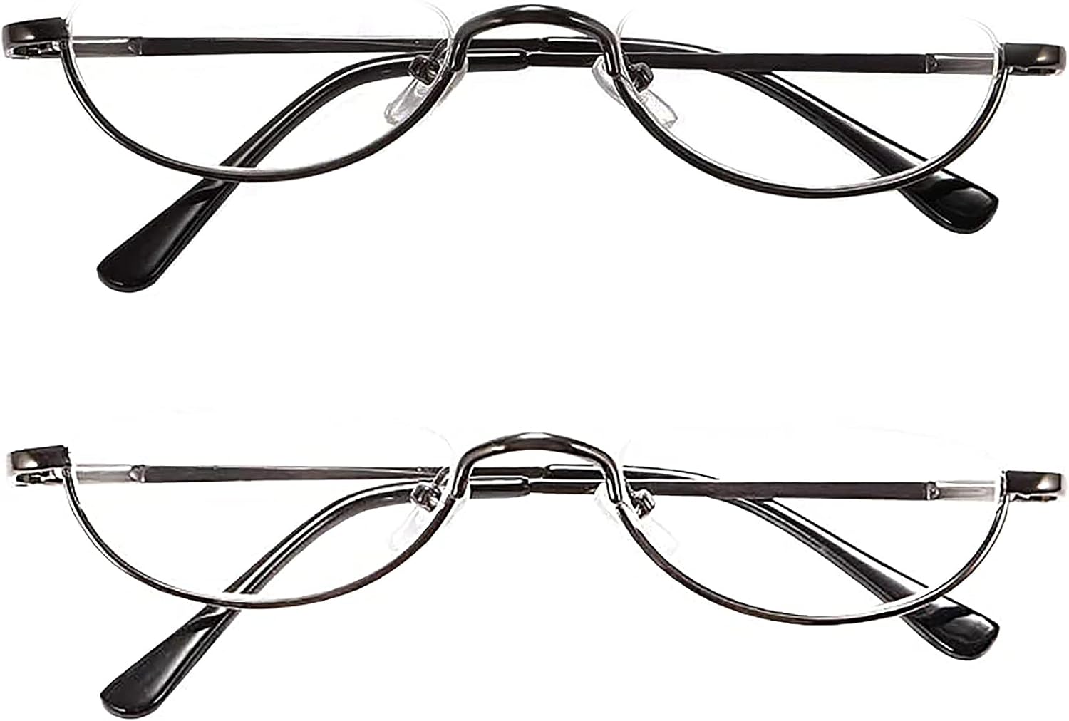 REAVEE 2 Pack Half Lens Reading Glasses for Men Women Spring Hinge Metal Half Frame Readers Slim Half Moon Eyeglasses with Pouch, Black and Gun Grey 1.75