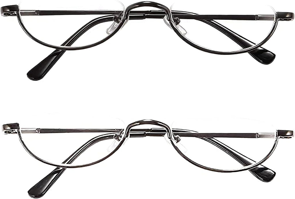 REAVEE 2 Pack Half Lens Reading Glasses for Men Women Spring Hinge Metal Half Frame Readers Slim Half Moon Eyeglasses with Pouch, Black and Gun Grey 2.5