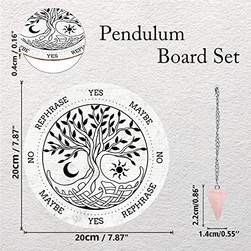 CRASPIRE Tree of Life Pendulum Board Dowsing Divination Metaphysical Message Board 7.9Inch Wooden Carven Board with Rose Quartz Crystal Dowsing Pendulum Necklace Witchcraft Wiccan Altar Supplies Kit