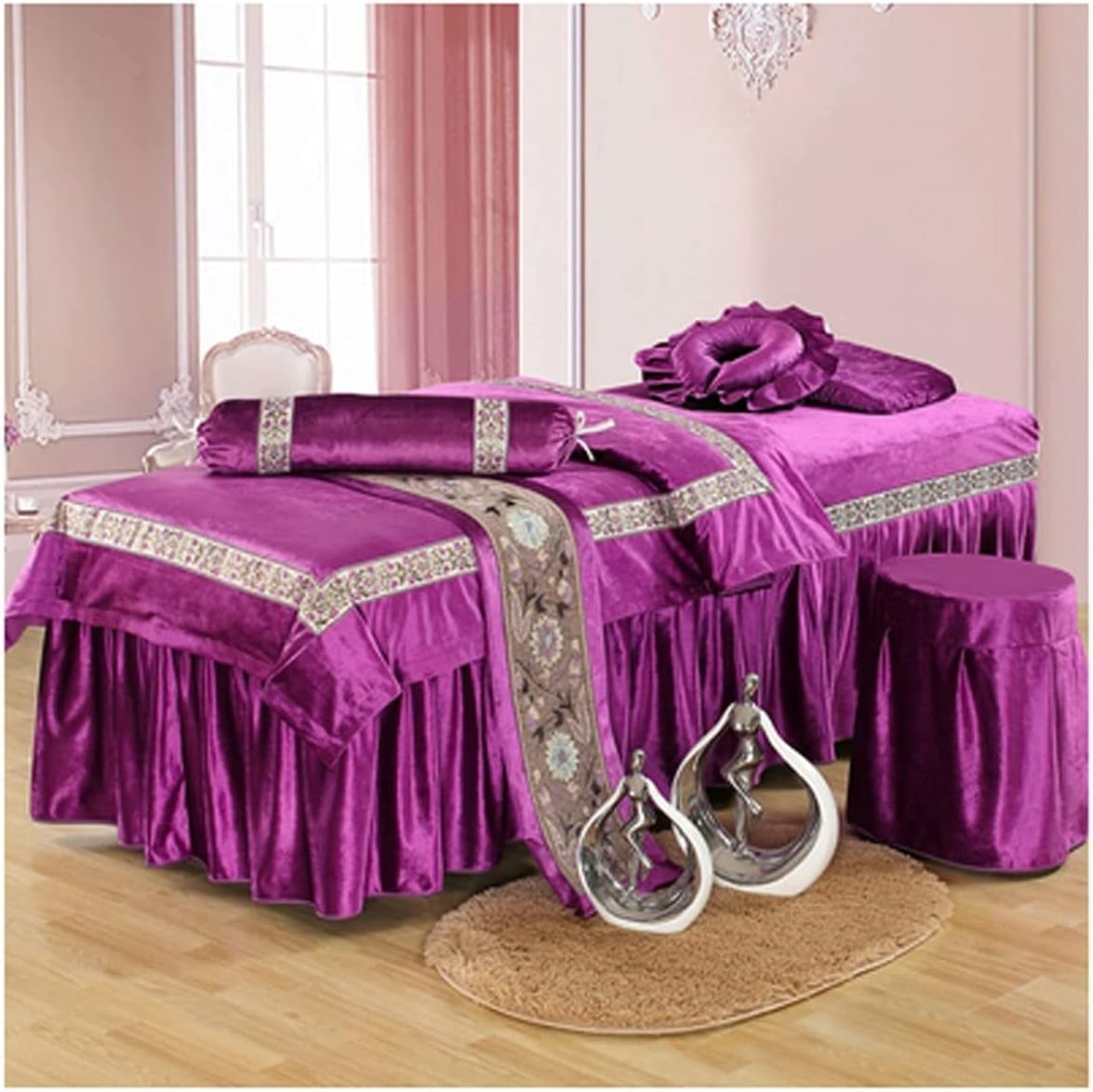4-Piece Art Massage Table Sheet Skirt Set - 4-Piece Beauty Bed Cover Simple High-end Gold Velvet Massage Beauty Salon SPA Dedicated Physiotherapy Bed Cover ，Purple-80 * 190cm