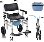 Shower Chair with Wheels Aluminum Alloy 4 in 1 Foldable Height Adjustable Shower Wheelchair, Sturdy Rolling Shower Chair with Large Commode for Seniors (Black)