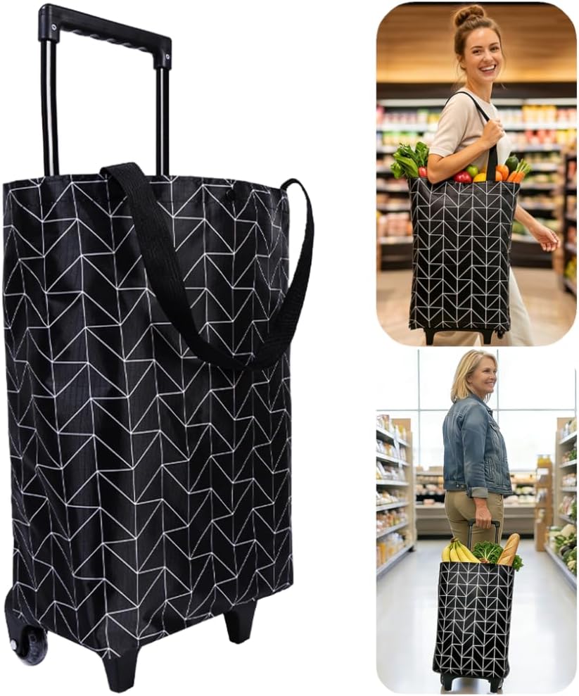 Rolling Shopping Bag, Small Shopping Cart with Wheels,Collapsible Portable Waterproof Tote for Market & Grocery Runs–Gift for Women & Seniors(Black)