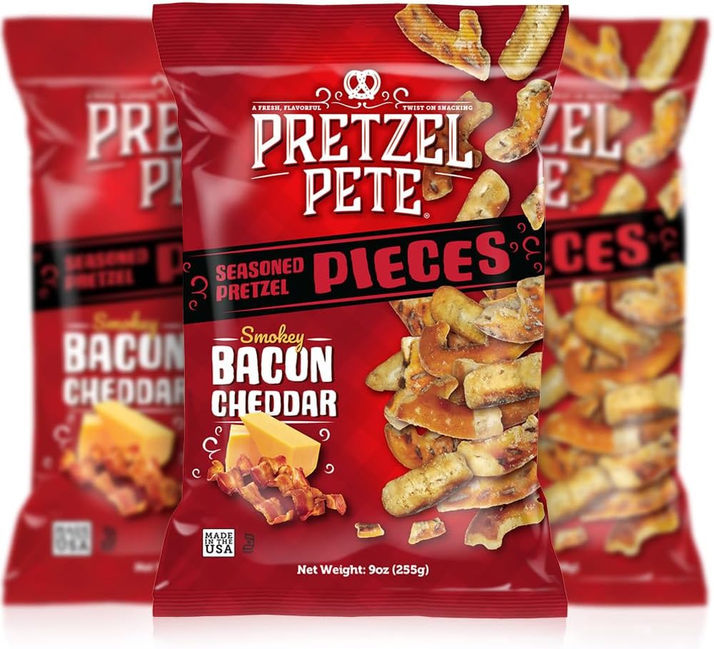Pretzel Pete Smokey Bacon Cheddar Seasoned Pretzel Pieces, Non-GMO Ingredients, Small Batch, Bold Flavor, 9oz (3 Pack)