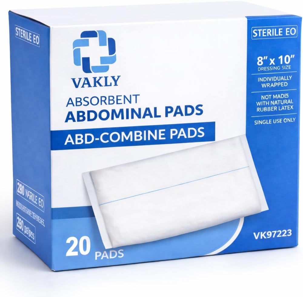 Vakly ABD Pads 8" x 10" Sterile (20 Pack) – Abdominal Combine Gauze Pads, High Absorbency Non-Adherent Dressings, Individually Wrapped for Wound Care & First Aid
