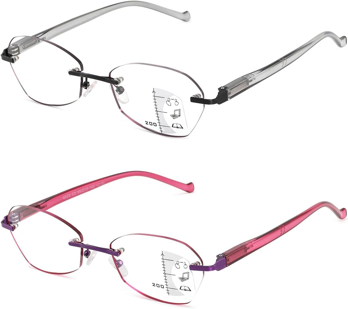 Multifocus Reading Glasses Women Progressive Multifocal No Line Bifocal Rimless Reader Blue Light Computer Eyeglasses