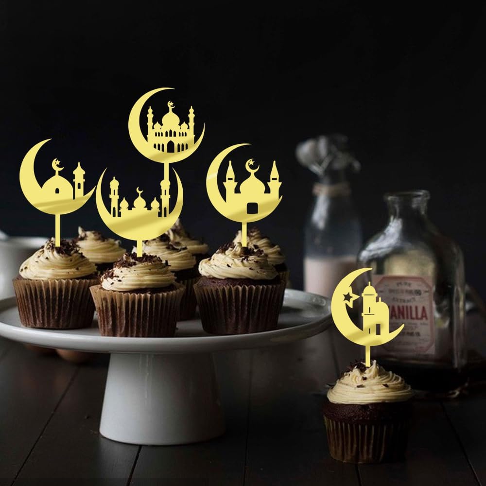 20 Pieces Eid Cupcake Toppers,5 Styles Acrylic Moon Star Umrah Mubarak Cupcake Decorations, Ramadan Mubarak Cake Decorations, Muslim Eid al-Fitr Party Decorations Gold