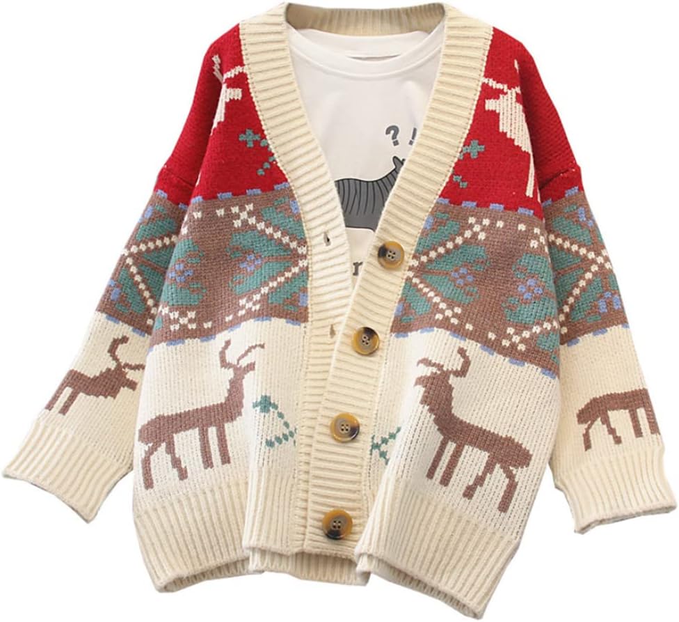 Women Long Sleeve Sweater Cardigan Christmas Reindeer Button Knit Jacket Coat