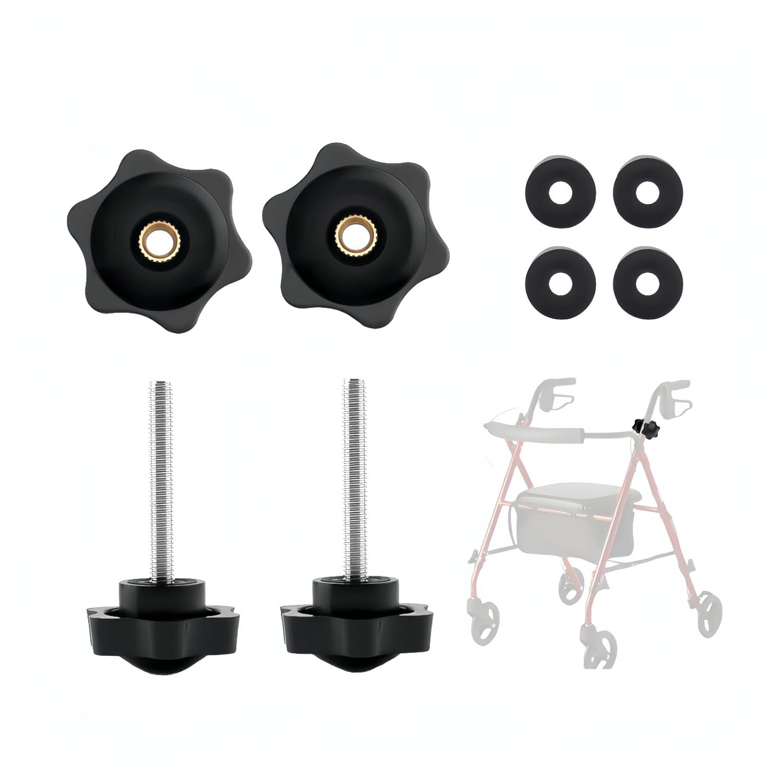 2 Set Replacement Arm Adjustment Knobs,Universal Rollator Hand Grip Replacement Parts, Rollator Walker Parts,M6 Track Bolt Set T Track Bolts for Vive Mobility (Black)