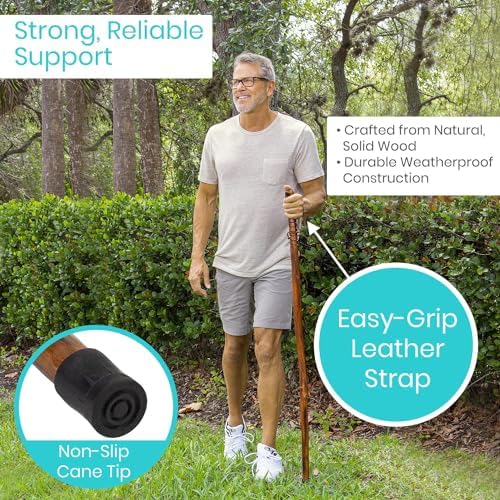 Vive Wooden Walking Stick for Hiking - Balance & Hiking Staff - Wood Walking Stick for Men, Women, Seniors - Strong, Non-Slip Wood Cane for Stability - Handcrafted, Waterproof, Leather Wrist Strap