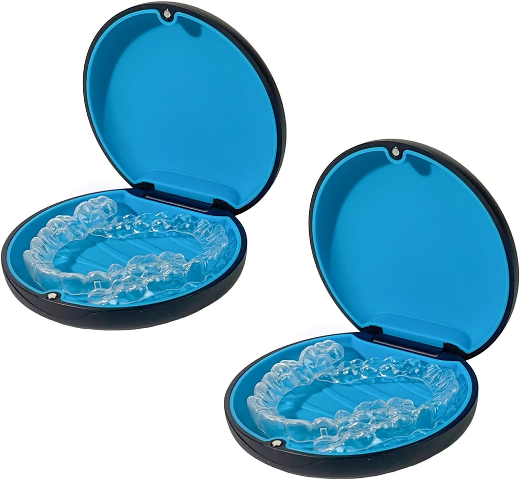 2PCS Retainer Case Compatible with Invisalign,Cute Slim Aligner Case,Customized Magnetic Closure Orthodontic Retainer Cases (2 Pack Black + Blue Silicone)