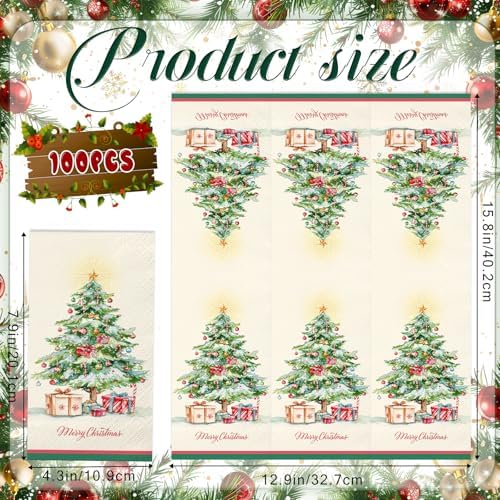 100 PCS Christmas Napkins Disposable | 3 Ply Paper Christmas Tree Napkins, Decorative Napkin for Bathroom Home Kitchen Dinner, Guest Paper Hand Towels for Xmas Winter Holiday Party Supplies