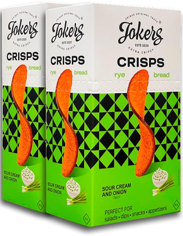 Jokers Rye Crisps Sour Cream & Greens – 2 Bags – Sour Cream & Onion Flavor - Crunchy Party Snack, Perfect for Dips, Soups & Salads - Sour Cream & Greens, Pack of 2