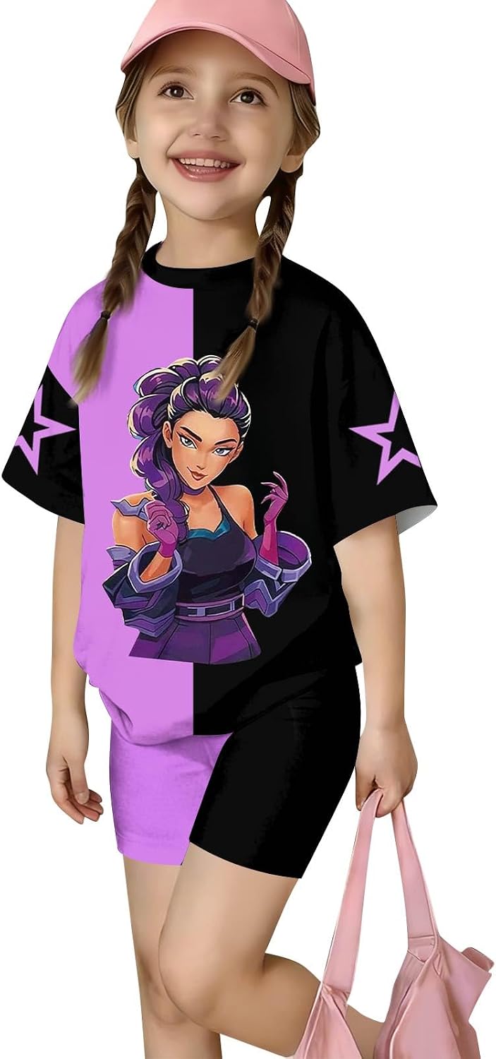K-pop HUNTR/X T-Shirt+Shorts Hunter Print Outfits Set for Unisex Kids Cartoon Adventure Y2K Short Sleeve Costume Sets