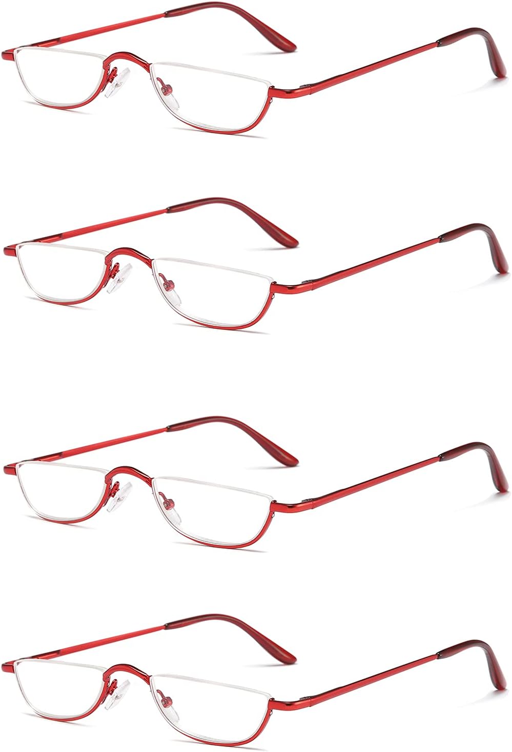 KoKoBin Half Reading Glasses - 4 Pairs Half Rim Metal Frame Glasses Spring Hinge Readers for Men and Women,(Red, 2.0)