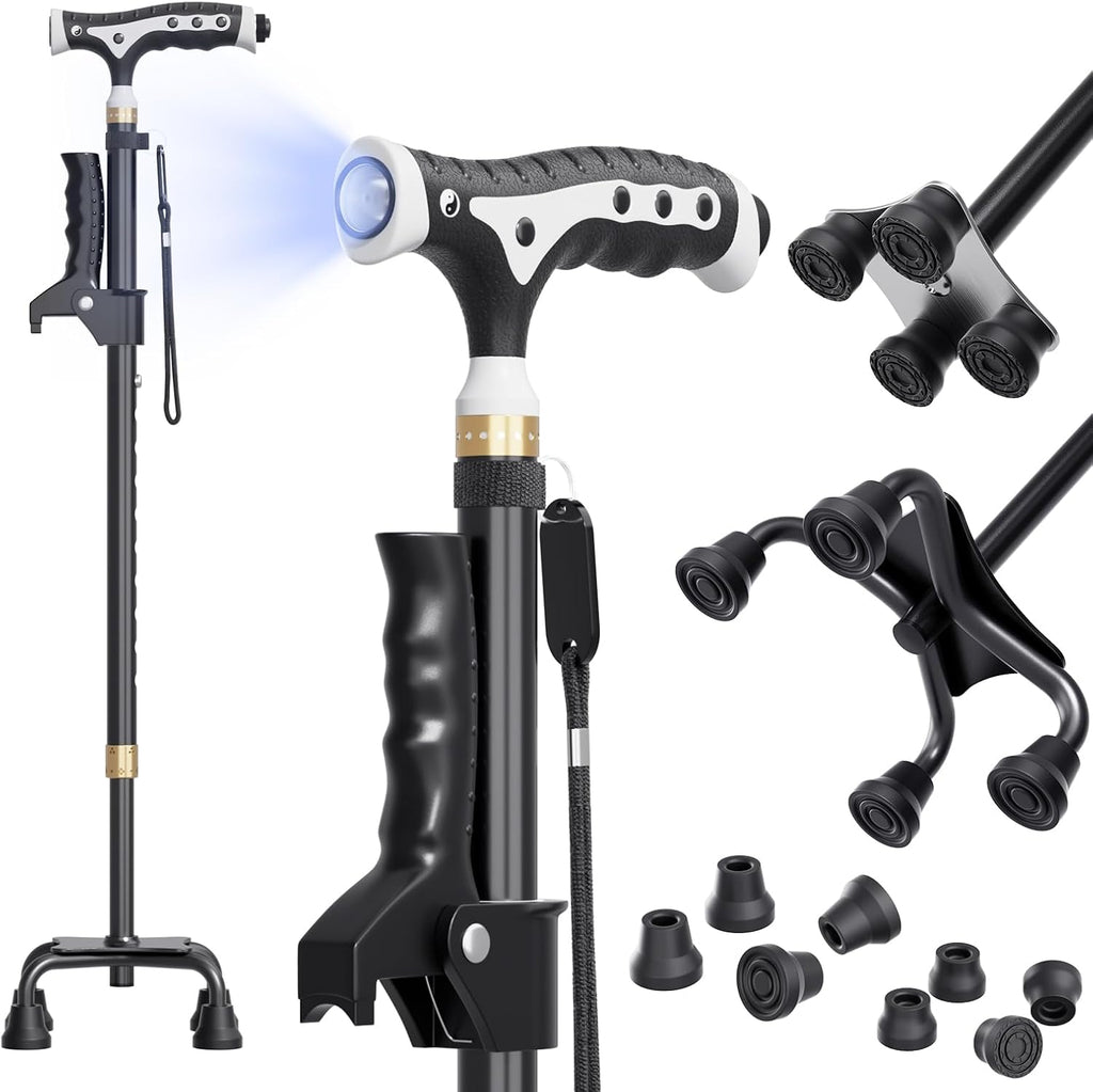 Hold 440 lbs Walking Cane for Seniors Aluminum Alloy Lightweight Height Adjustable Walking Stick Heavy Duty Foldbale Free Standing Cane with LED for Men and Women Adults