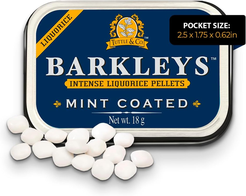 Barkleys Black Licorice Candy, Mint Coated - Licorice Pellets Covered with Refreshing Mint- Gluten Free Licorice, Gelatine Free, Vegan (1 Can x 18 gr.)