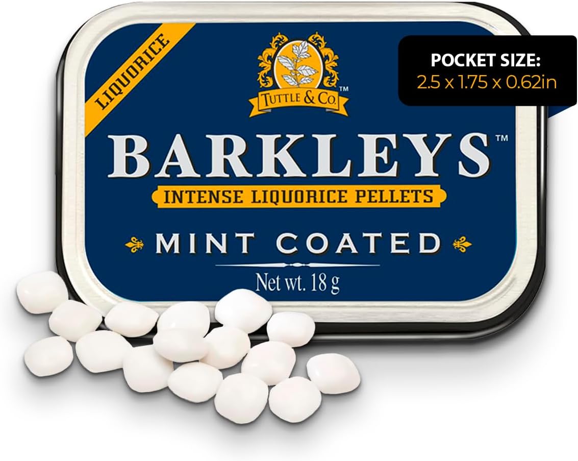 Barkleys Black Licorice Candy, Mint Coated - Licorice Pellets Covered with Refreshing Mint- Gluten Free Licorice, Gelatine Free, Vegan (1 Can x 18 gr.)
