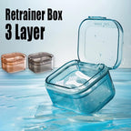 3-Layer Retainer Storage Box, Denture Case with Lid, Portable Mouth Guard Container Tooth socket storage case holder box Immersion box (Blue)