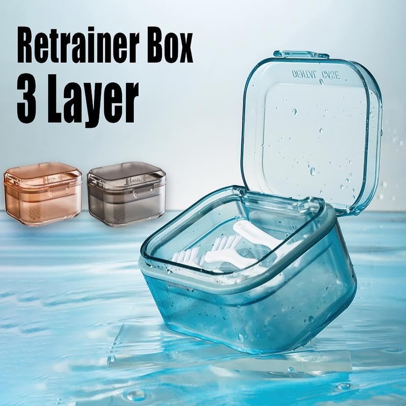 3-Layer Retainer Storage Box, Denture Case with Lid, Portable Mouth Guard Container Tooth socket storage case holder box Immersion box (Blue)