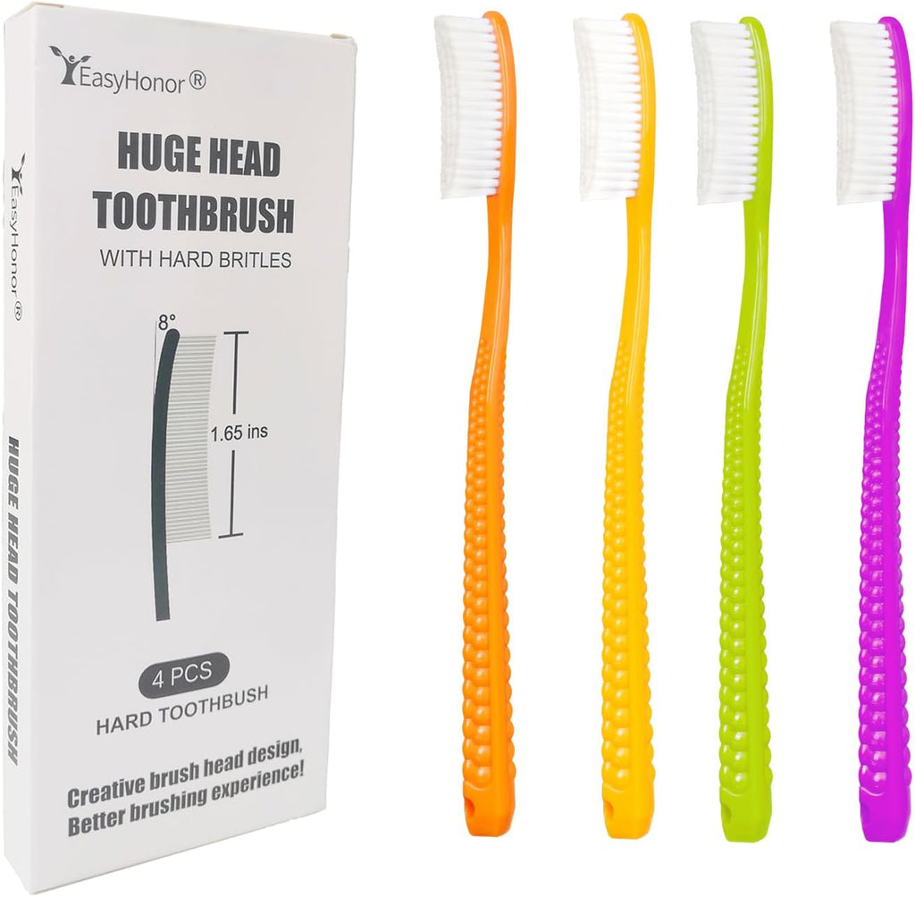 EasyHonor Huge Head Toothbrush with Hard & Firm bristles BPA Free for Proper Dental Care 4 Pack with White Hard Bristles.
