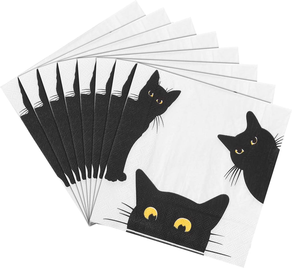 Quera 50 Pack Black Cat Disposable Paper Napkins Party Supplies Halloween Paper Napkins Cocktail Napkins Perfect For Halloween Black Cat Gifts Dinner Party Decoration 6.5'' X 6.5''