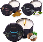 Massage Oil Candle 3 Pack,Coconut Oil Based-Daily Moisturizing Body Oil Relaxing-Natural Therapy Oil Scented Candle-6.9OZ (Coconut, Tobacco Vanilla, Thyme & White Tea)