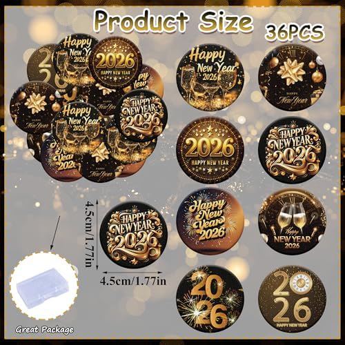 36PCS Edible 2026 Happy New Year Cupcake Toppers Wafer Paper Hello 2026 Cupcake Picks Black Gold 2026 Cake Toppers for Holiday New Year Theme Party Decor Supplies (Pattern 1)