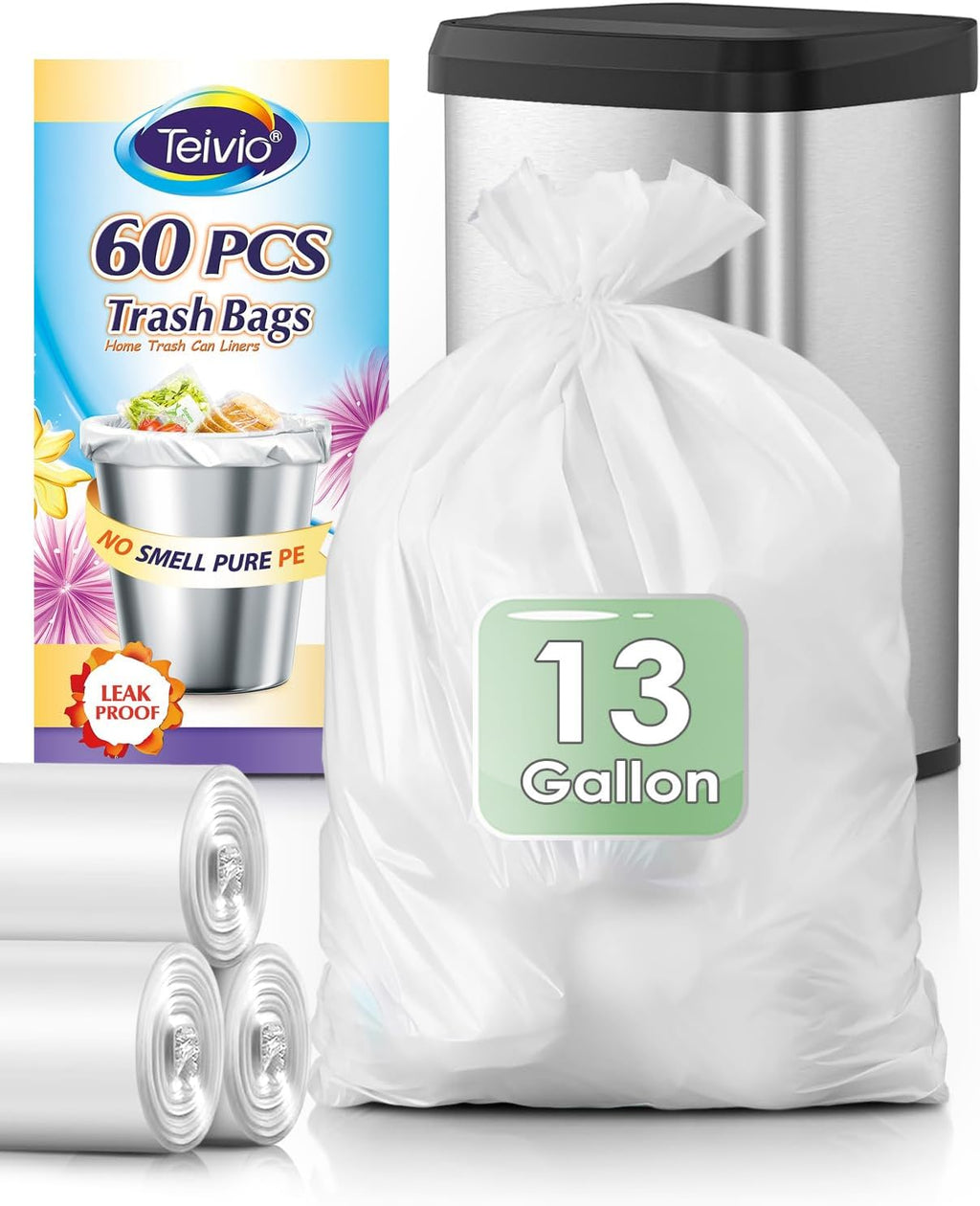 13 Gallon 60 Count Tall Kitchen Trash Bags 10 Gal 12 Gal 13 Gal fit 50 Liters Garbage Bags by Teivio, Waste Basket Bags,Bathroom Trash Can Bin Liners, Plastic Bags for home office kitchen, Clear