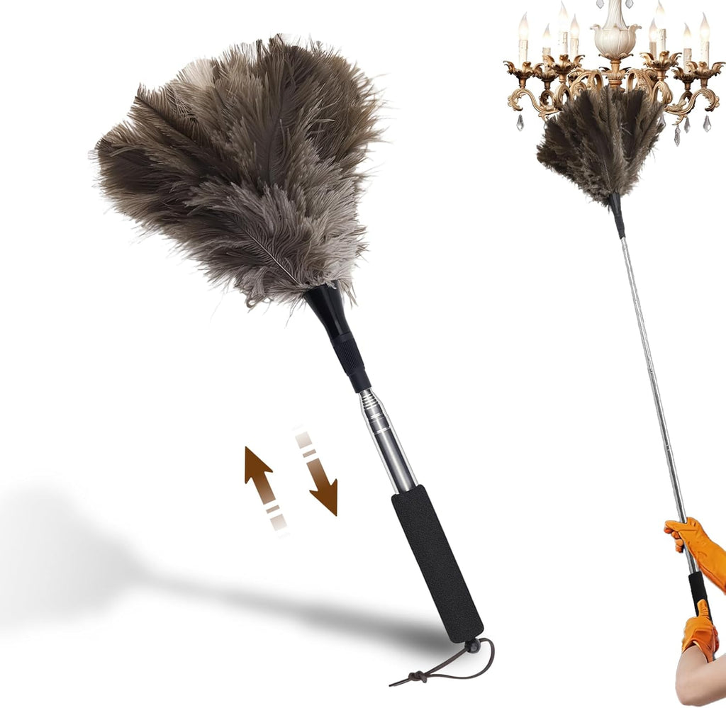 Ostrich Feather Duster, 18-48 Inch Extendable Feather Duster with Natural Fluffy Ostrich Feathers, Dusters for Cleaning Ceiling Fans, Blinds, High Ceilings, Furniture, Cars, Washable & Reusable