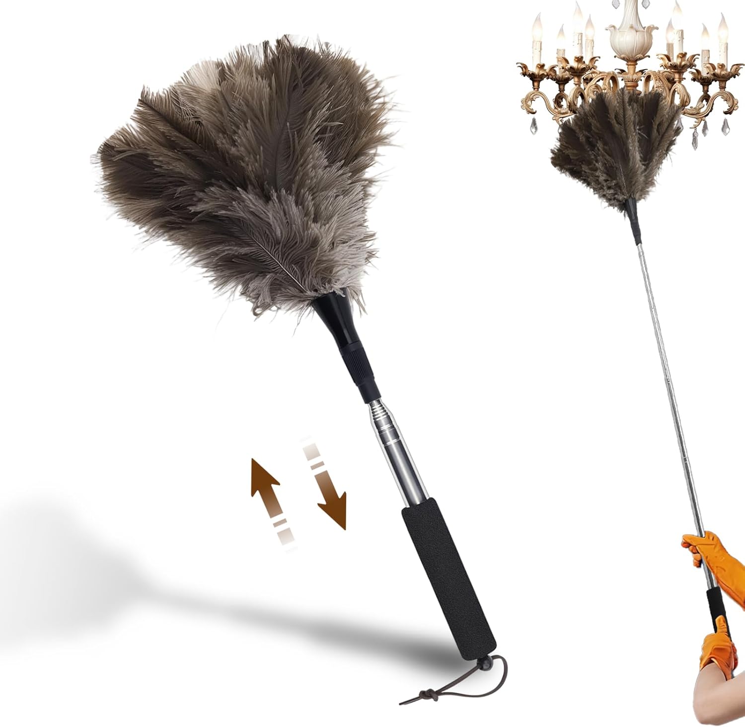 Ostrich Feather Duster, 18-48 Inch Extendable Feather Duster with Natural Fluffy Ostrich Feathers, Dusters for Cleaning Ceiling Fans, Blinds, High Ceilings, Furniture, Cars, Washable & Reusable