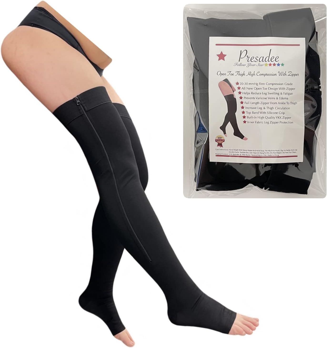 Presadee Thigh High Open Toe 20-30 mmHg Firm Compression Leg with YKK Zipper (Black, 1)