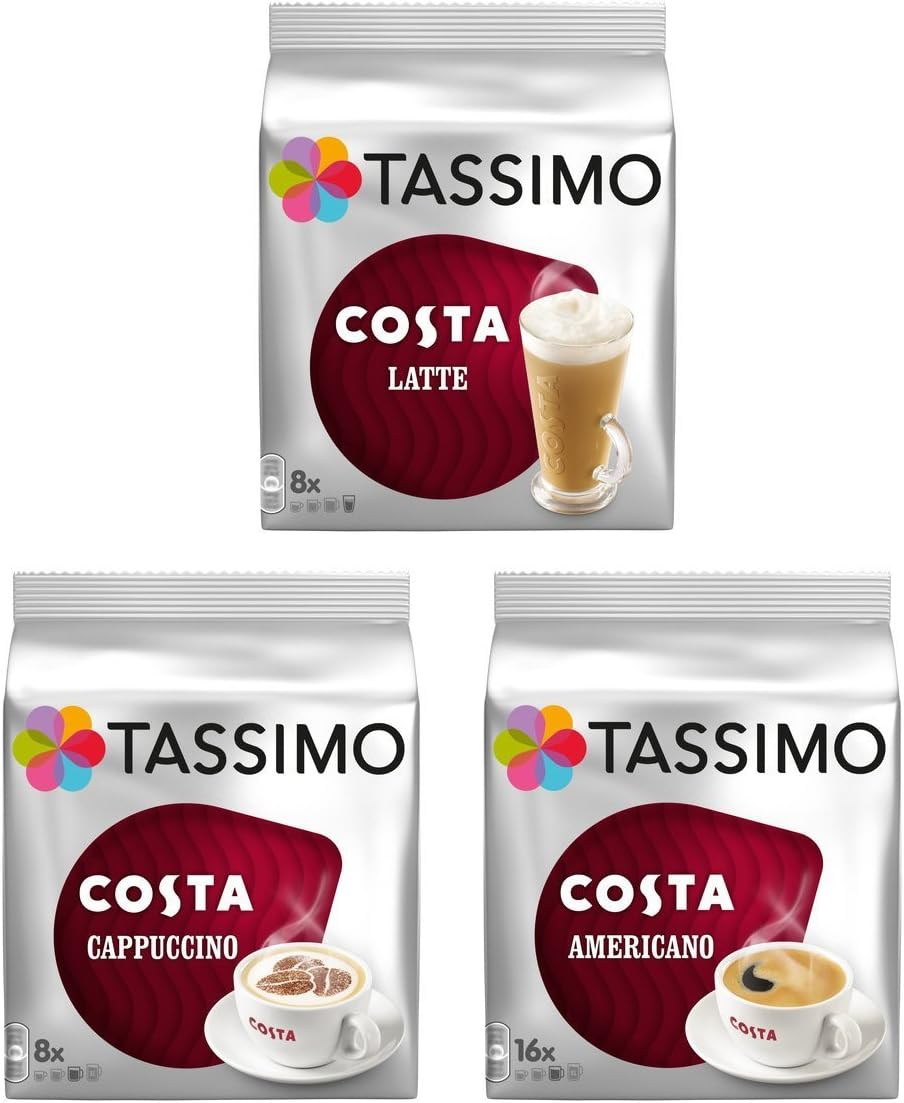 Tassimo New 3 Costa Variety Bundle - Costa Latte (New Smaller Pack), Americano And Cappuccino - New Smaller Latte Pack Version