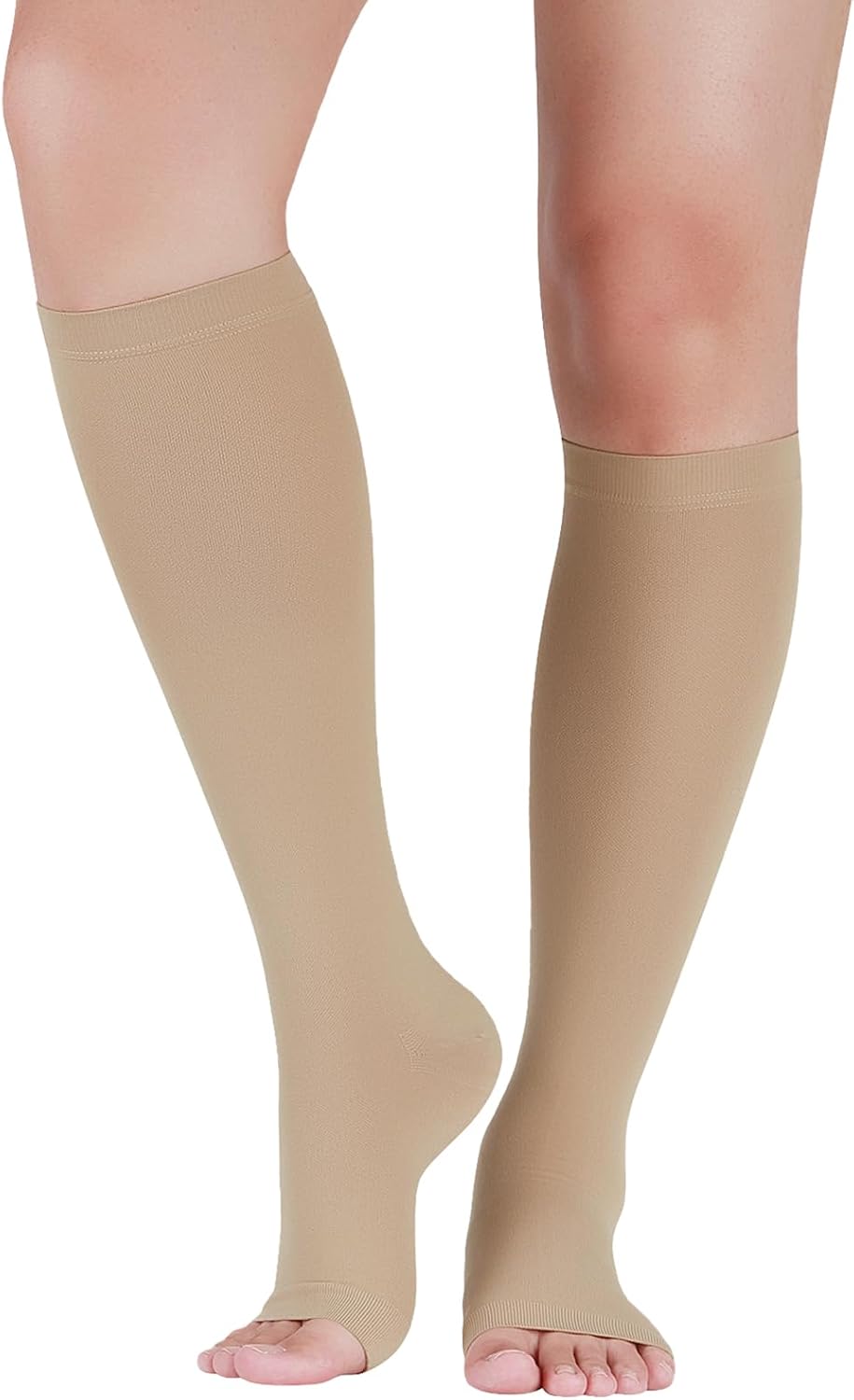 LIN PERFORMANCE 20-30 mmHg Compression Socks for Women Men Knee High Open Toe Leg Support Stockings for Daily Comfort Travel (Nude,M)