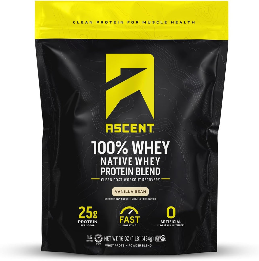 Ascent 100% Whey Protein Powder - Post Workout Whey Protein Isolate, Zero Artificial Flavors & Sweeteners, Gluten Free, 5.5g BCAA, 2.6g Leucine, Essential Amino Acids, Vanilla 1 lb