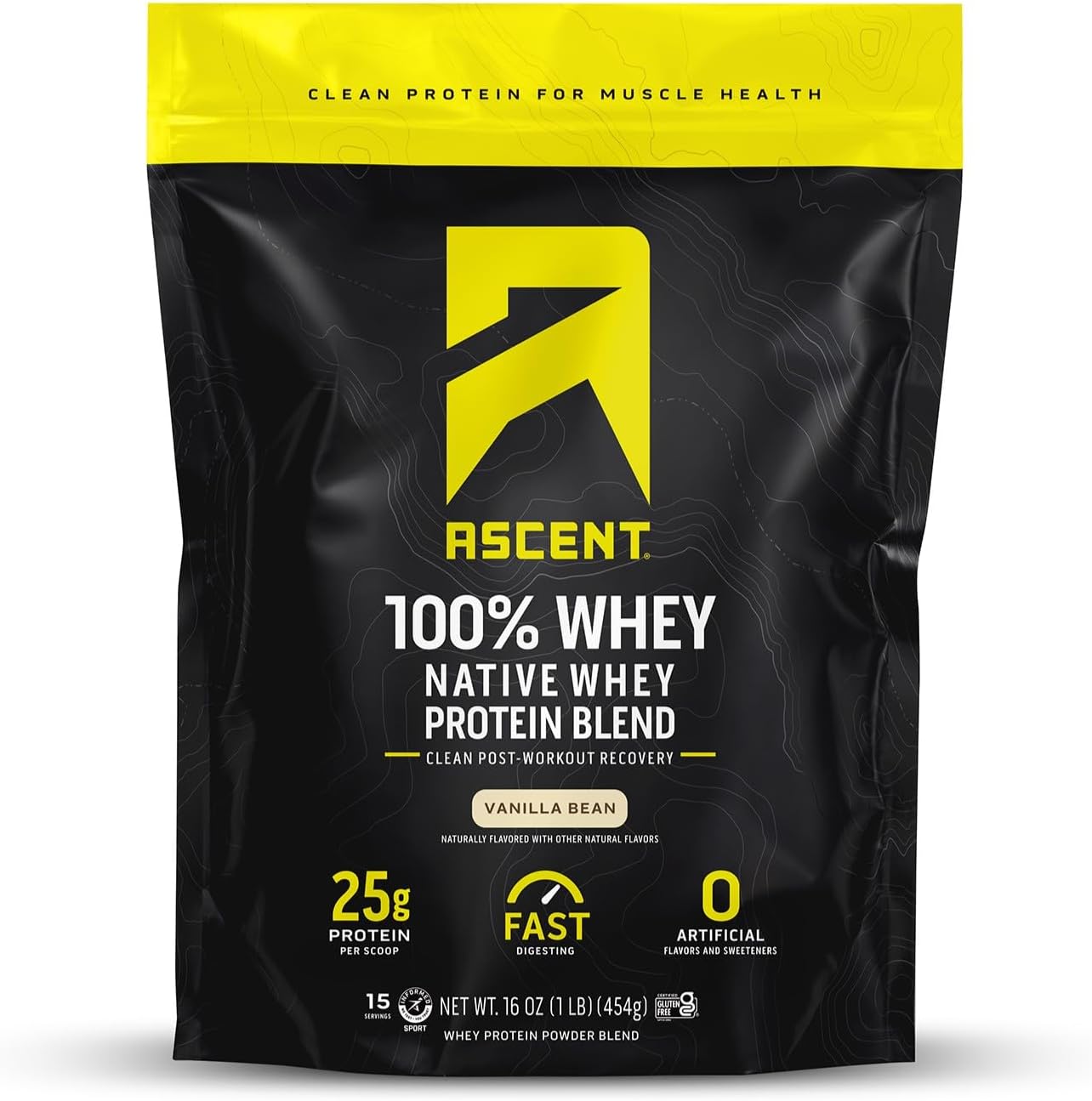 Ascent 100% Whey Protein Powder - Post Workout Whey Protein Isolate, Zero Artificial Flavors & Sweeteners, Gluten Free, 5.5g BCAA, 2.6g Leucine, Essential Amino Acids, Vanilla 1 lb