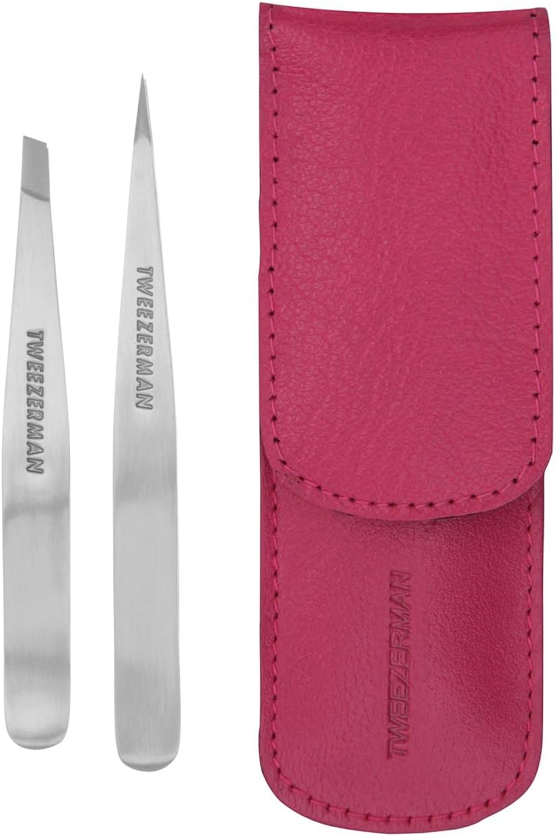 Tweezerman Petite Tweeze Set with Travel Case - Point and Slant Tweezers, Tweezers for Travel (Pink Case)