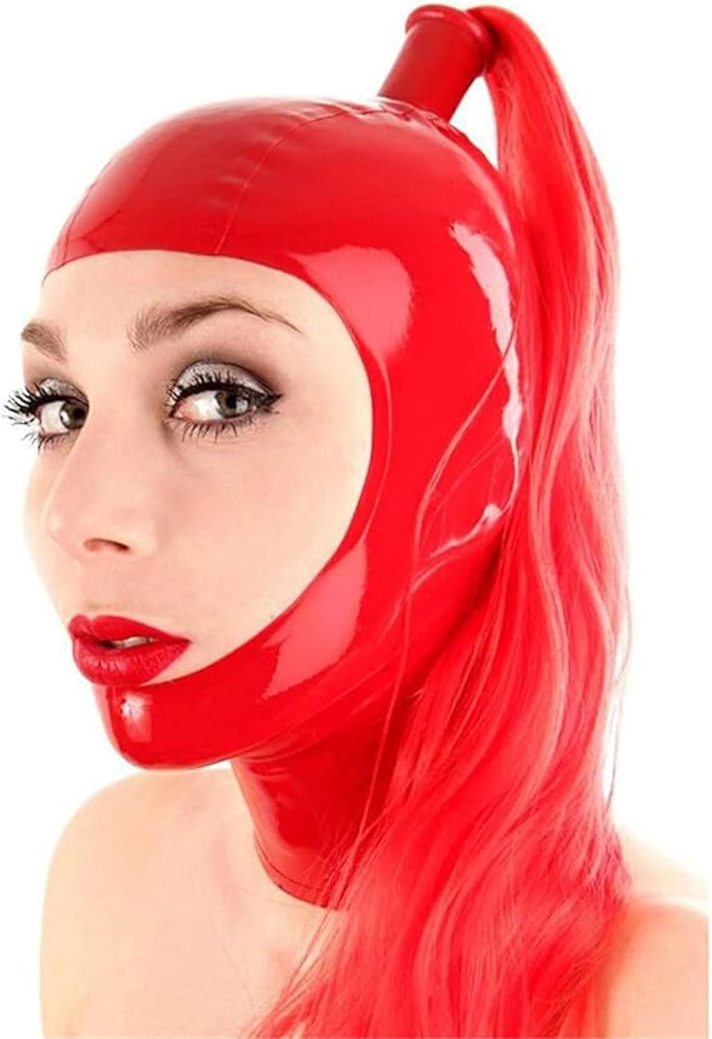 Latex hood with face only, rubber mask with back zipper, red ponytail, suitable for Halloween party costume(Size:XL-63.5CM)