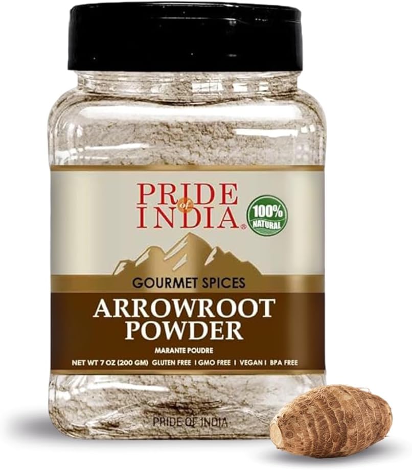 Pride of India – Natural Arrowroot Ground Powder – Baking & Thickening Agent – Gluten & GMO Free – Good for Sauces, Fritters & Fries – Easy to Use – 8 oz. Medium Dual Sifter Jar