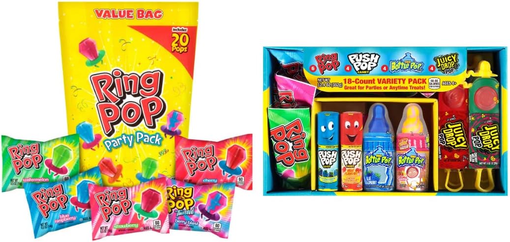 Bazooka Candy Brands Lollipop Suckers 18 Count Variety Box + Ring Pop 20 Count Party Pack – Assorted Flavors