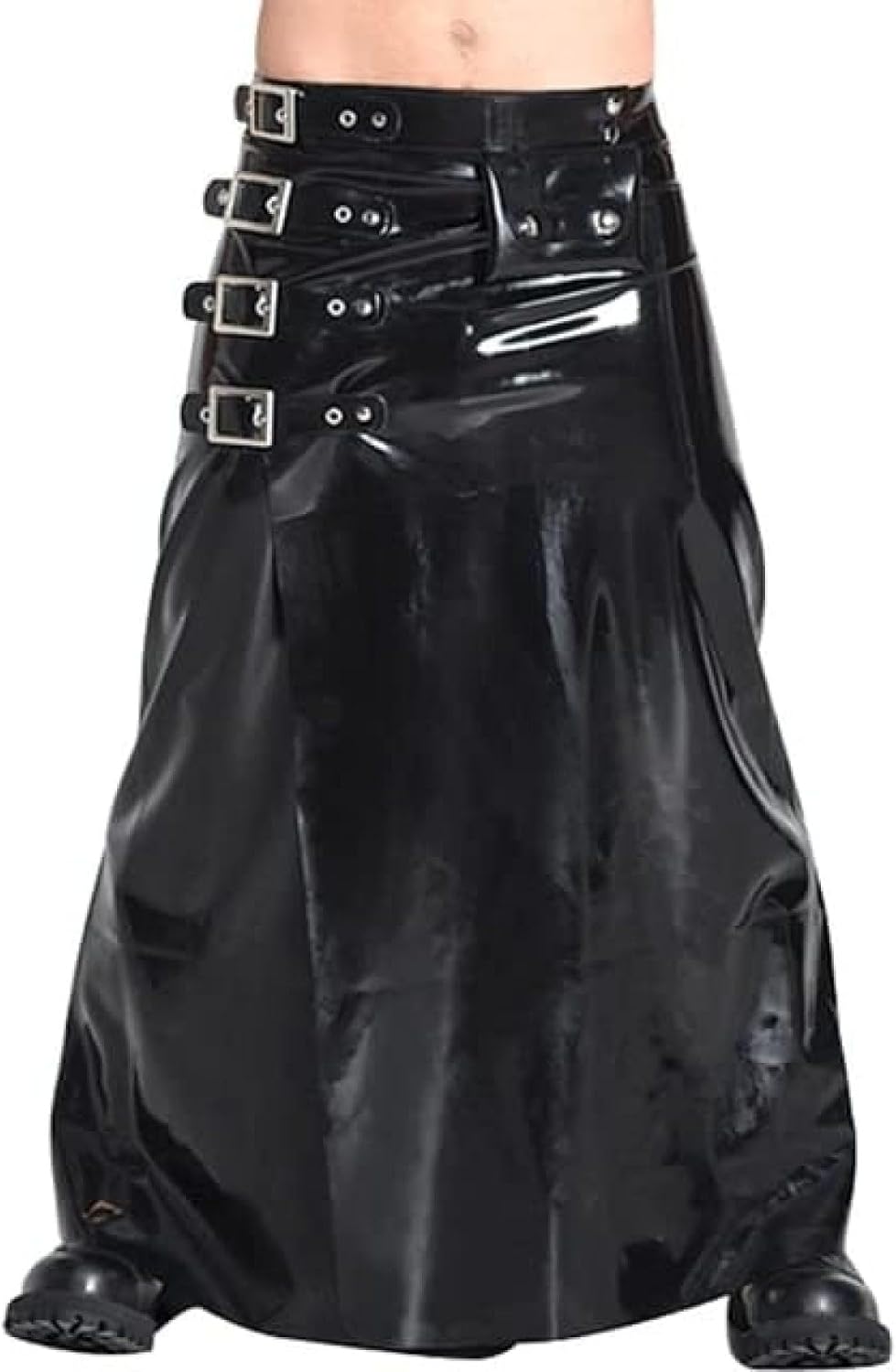 Black Sexy Latex Kilt Skirts with Belts and Buckles at Side Long Ankle Length Rubber Bottoms Uniform,Custom Color,L