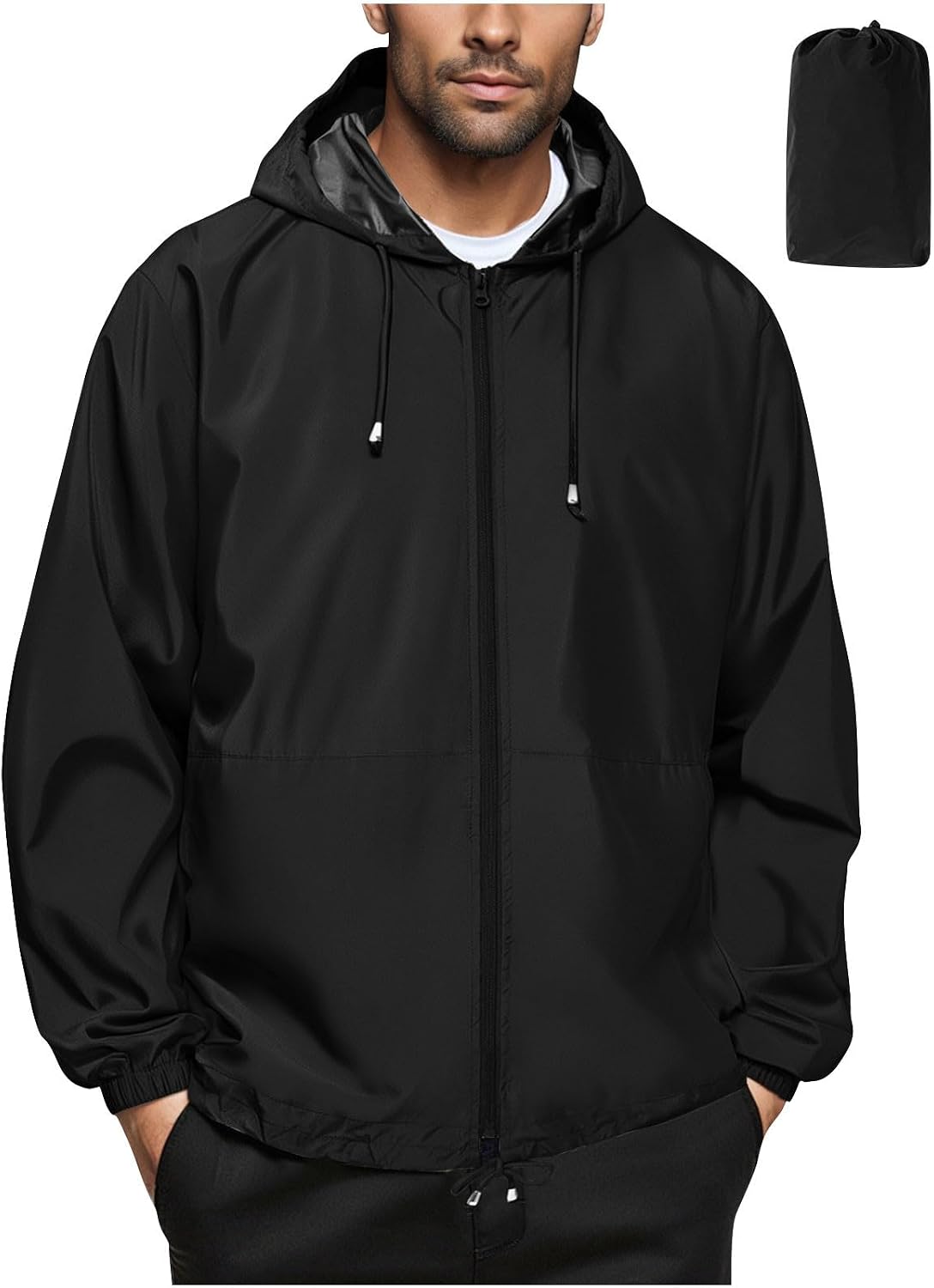 Men's Packable Rain Jacket Lightweight Running Waterproof Raincoat with Hood Outdoor Travel Hiking Cycling Windbreaker