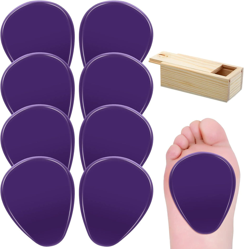 Mepase 8 Pieces Gel Ball of Foot Cushions Metatarsal Pads for Women and Men Gel Ball of Foot Soft Metatarsal Cushioning Pain Relief with 1 Wood Box Storage(Purple)