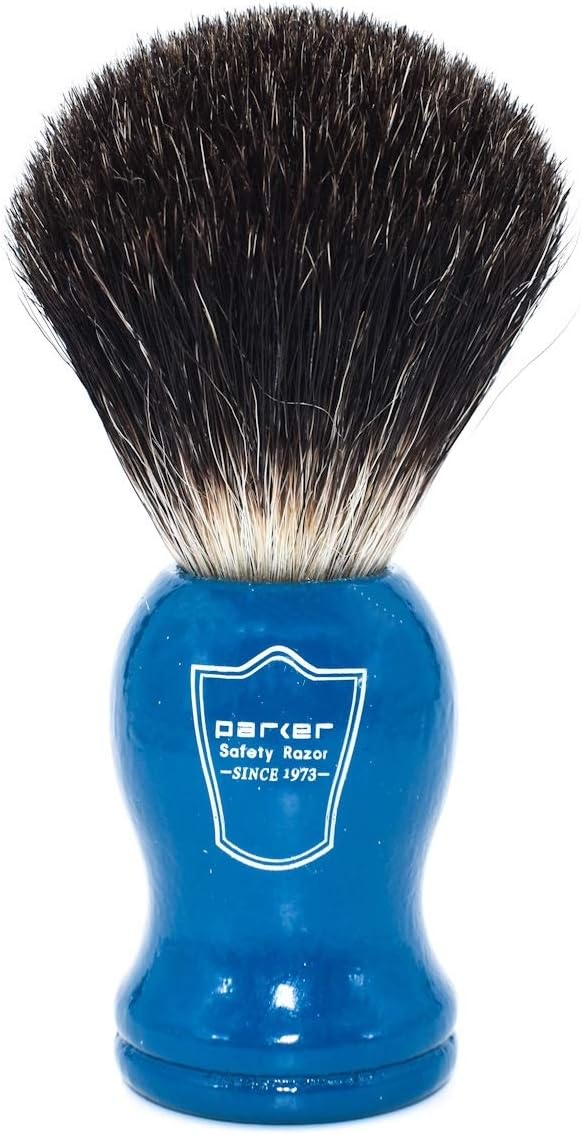Parker 100% Black Badger Shaving Brush with Blue Wood Handle & Stand – Premium Wet‑Shaving Lather Brush for Men