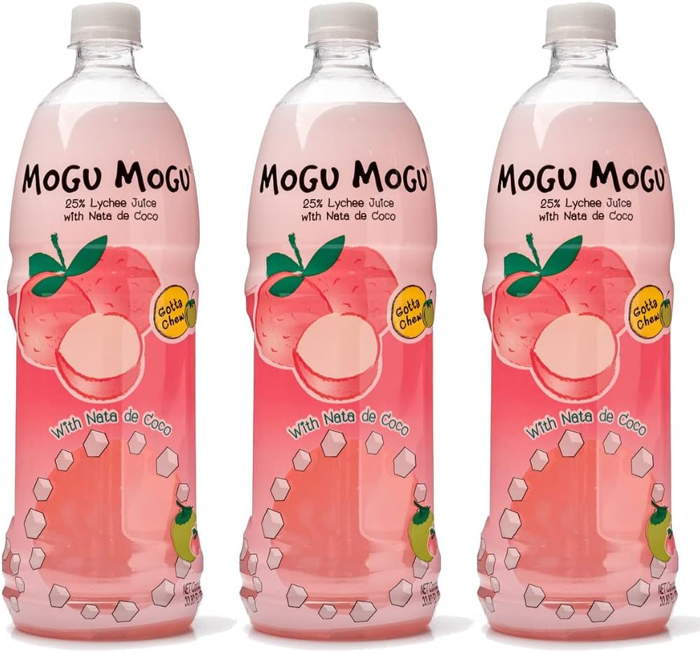[Pack of 3] [Free Measuring Spoon] Mogu Mogu Juice with Nata De Coco - 33.8 Fl Oz Large Family Size (Lychee), 320 ml