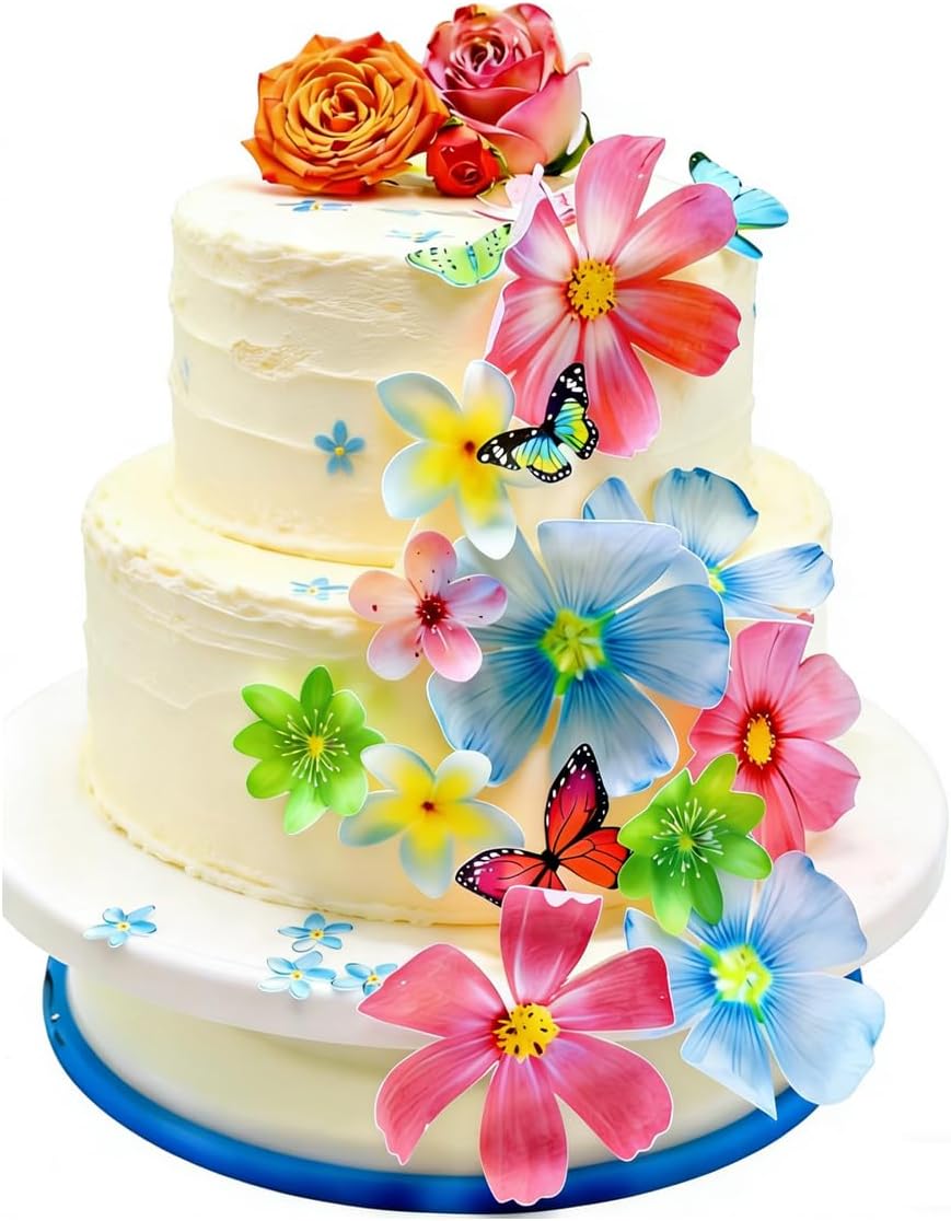 54x Wafer Edible Flowers Butterflies Cake Toppers Edible Decoration, Edible Flower Cupcake Toppers for Birthday, Wedding, Baby Shower, Spring Themed Party Baking Decorations