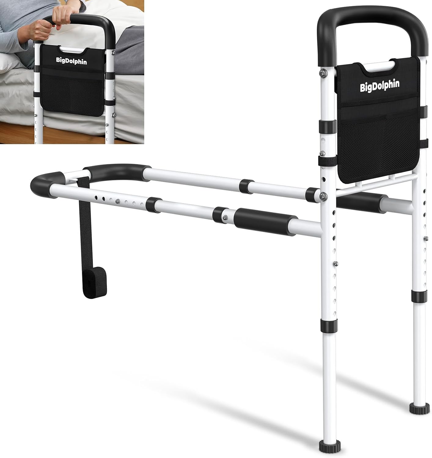 Bed Rails for Elderly Adults Safety - ASTM Approved Adjustable Bed Cane Supports 350LBS with Non-Slip Grip & Storage Pocket, Stable Bed Assist Rails for Seniors, Tool-Free