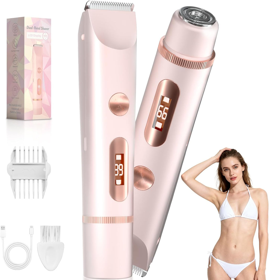 Bikini Trimmer for Women – Gentle Electric Razor for Sensitive Areas, Waterproof USB-C Rechargeable Shaver for Body & Face, Stocking Stuffers Holiday Gift (Petal Pink with LED)