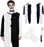 Men Horror Clown Costume Jumpsuit Black and White Bodysuit Set Movie Themed Outfit for Halloween Killer Clown Cosplay Outfit